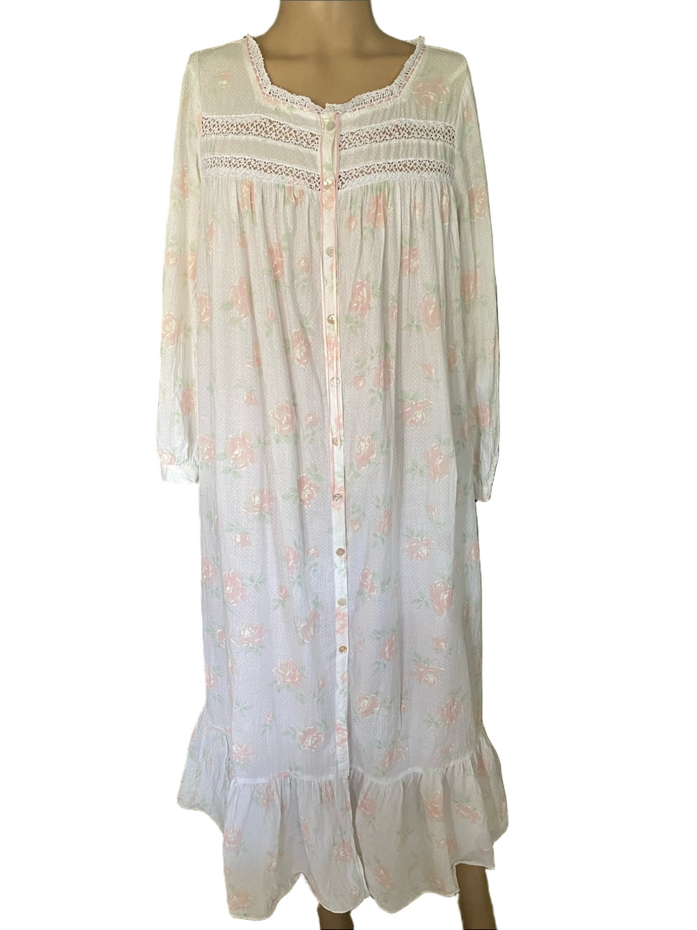 Eileen West vintage White Nightgown with Pale Pink Rose Print